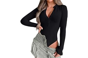 MASCOMODA Womens Fall 2024 V Neck Button Down Knit Bodysuit Sweater Long Sleeve Fitted Ribbed Bodysuit Tops Dressy Casual