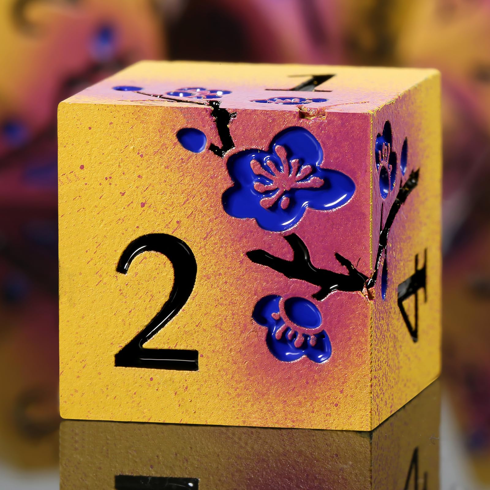DNDND Flowers Metal Dice, 7 PCS Metallic DND Dice with Gorgeous Gift Case for D&D Dungeons and Dragon Tabletop Game (Earth Yellow and Purple) — image 1