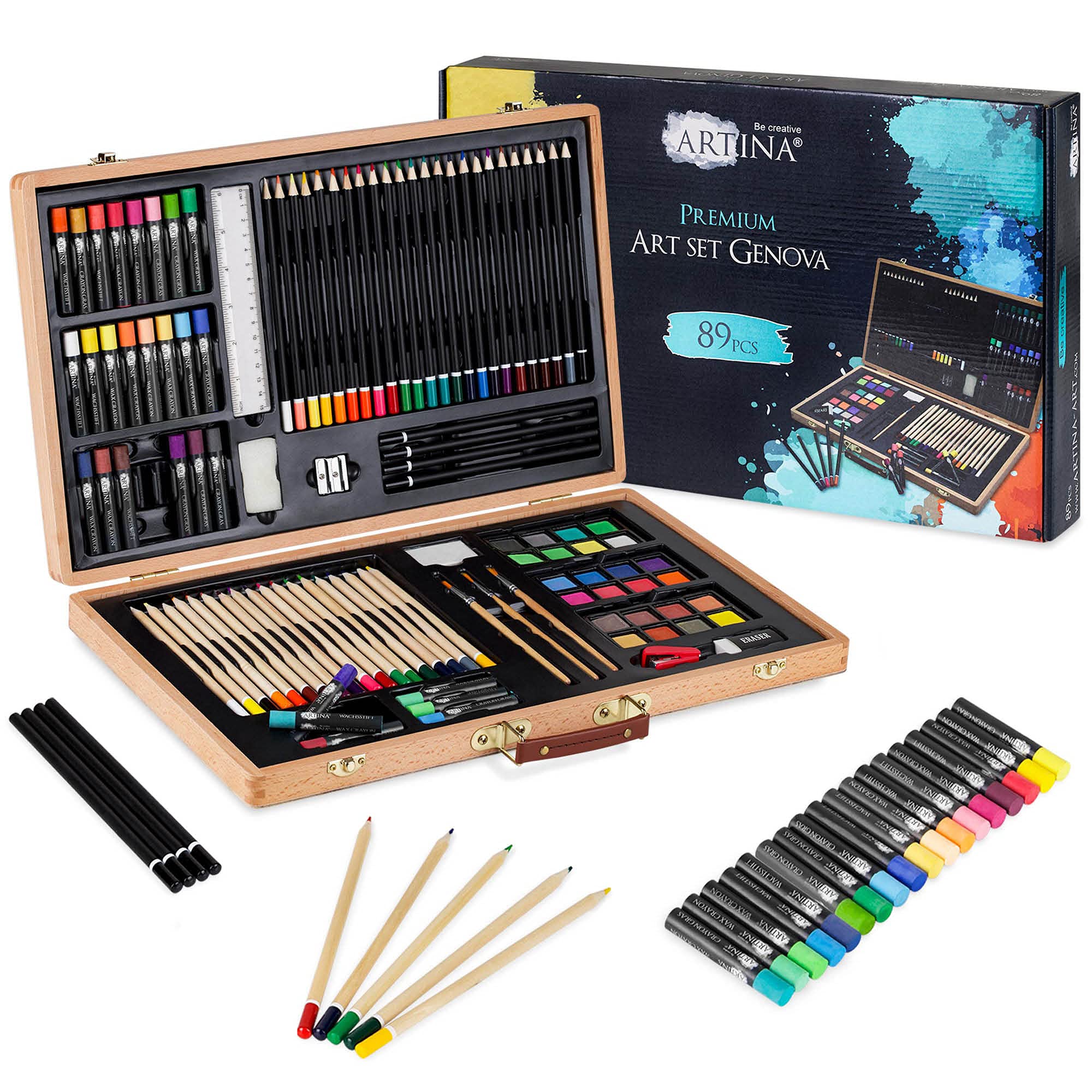 Artina 89pcs Beginner Artist Painting Set with Large Wooden Case Genova – Portable Art Studio with Wax Crayons, Coloured Pencils, Watercolours, Pastels, Brushes Drawing Set Painting