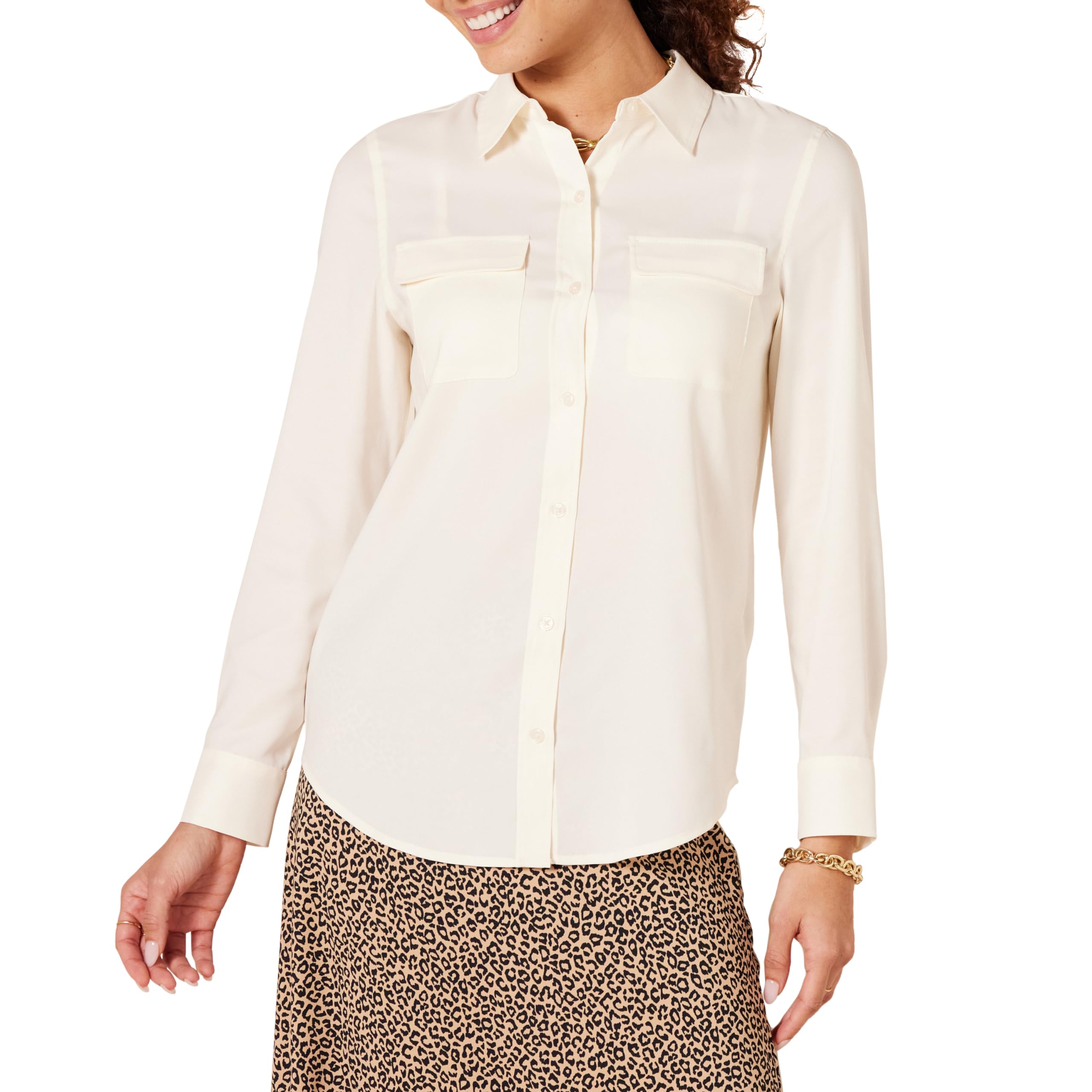 Photo 1 of Amazon Essentials Women's Georgette Long Sleeve Relaxed-Fit Pockets Shirt, Ivory, XX-Large