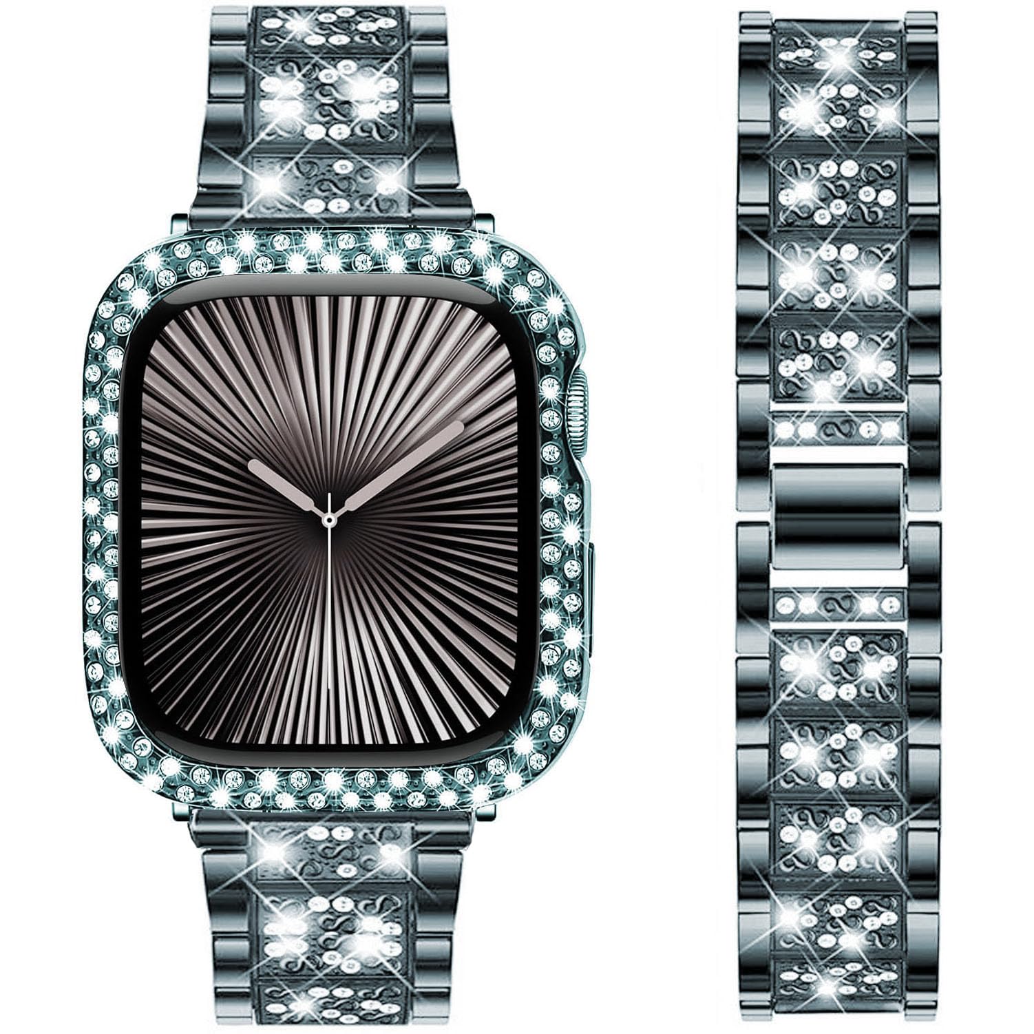 DEALELE Bands and Case Compatible with Apple Watch Series 6/5 / 4 / SE (44mm), Bling S-Texture Diamond Metal Strap with Protective Case Cover Replacement for iWatch 44mm Women Men (Green)