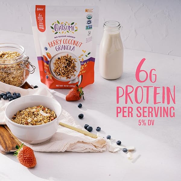 OATSOME BERRY COCONUT GRANOLA, NO SUGAR ADDED, GLUTEN FREE, 6G PROTEIN, MADE WITH WHOLE GRAIN ORGANIC OATS, COCONUT, STRAWBERRIES, BLUEBERRIES, FOR PROTEIN SNACKS CEREALS BREAKFAST YOGURT, 10 OZ BAG