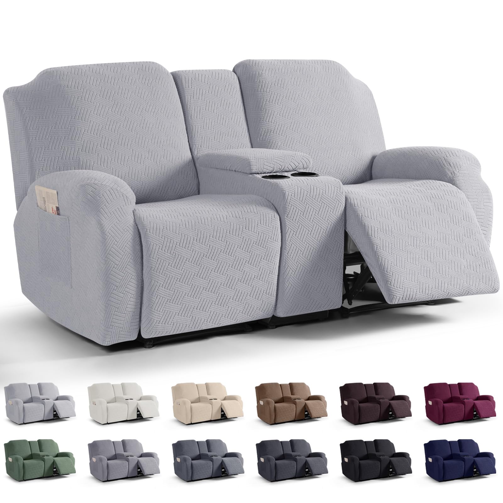 Photo 1 of KinCam Loveseat Recliner Covers with Middle Console Slipcover, Recliner Sofa Covers 2 Seat Couch Cover Stripe Jacquard Furniture Protector Covers with Elastic Bottom for Kids, Pets (Silver Gray)