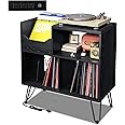 TC-HOMENY Record Player Stand with Vibration-Isolated Turntable Design, Vinyl Record Storage Table with Charging Station, Mid-Century Modern Turntable Stand (Black)
