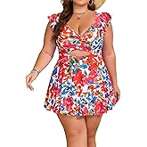 B2prity Women's Plus Size Swimsuit Tummy Control One Piece Swimdress Ruffle V Neck Cutout Wrap Bathing Suit with Skirt