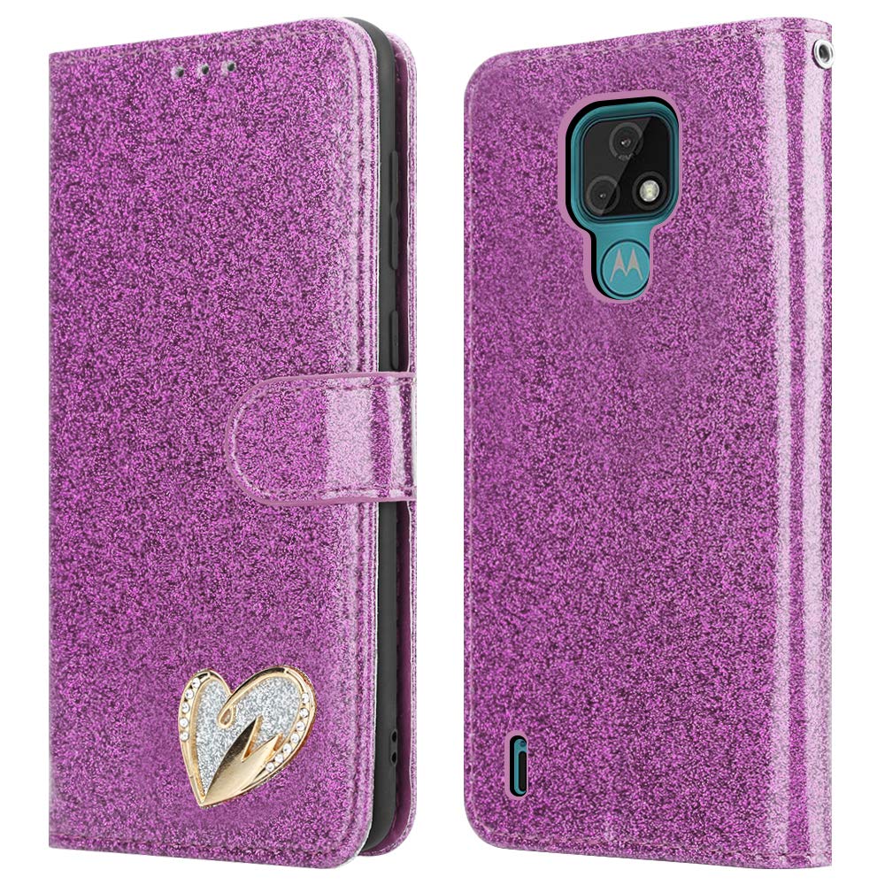 iPEAK Case For Motorola Moto E7 Case (6.5'') Shiny Leather Bling Glitter Book Flip Stand Card Wallet Cover For Moto E7 Phone (Purple)