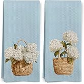BitKAM Hydrangea Floral Kitchen Towels, White Hydrangea Flower Basket Blue Kitchen Towel Decorative Set, Cottagecore Floral Hand Dish Tea Towels for Bathroom Decor