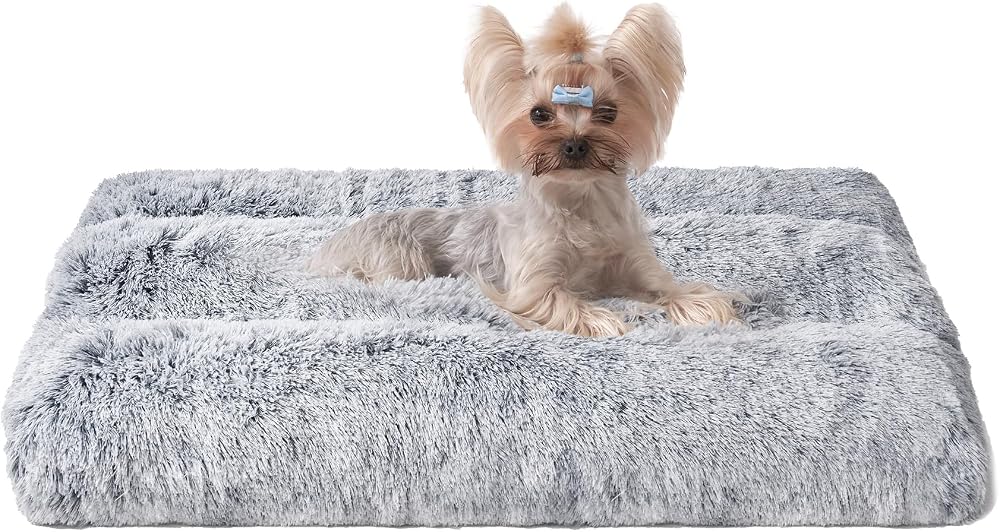 EHEYCIGA Fluffy Small Dog Crate Bed Calming Non Slip Grey 60x45x7.5cm