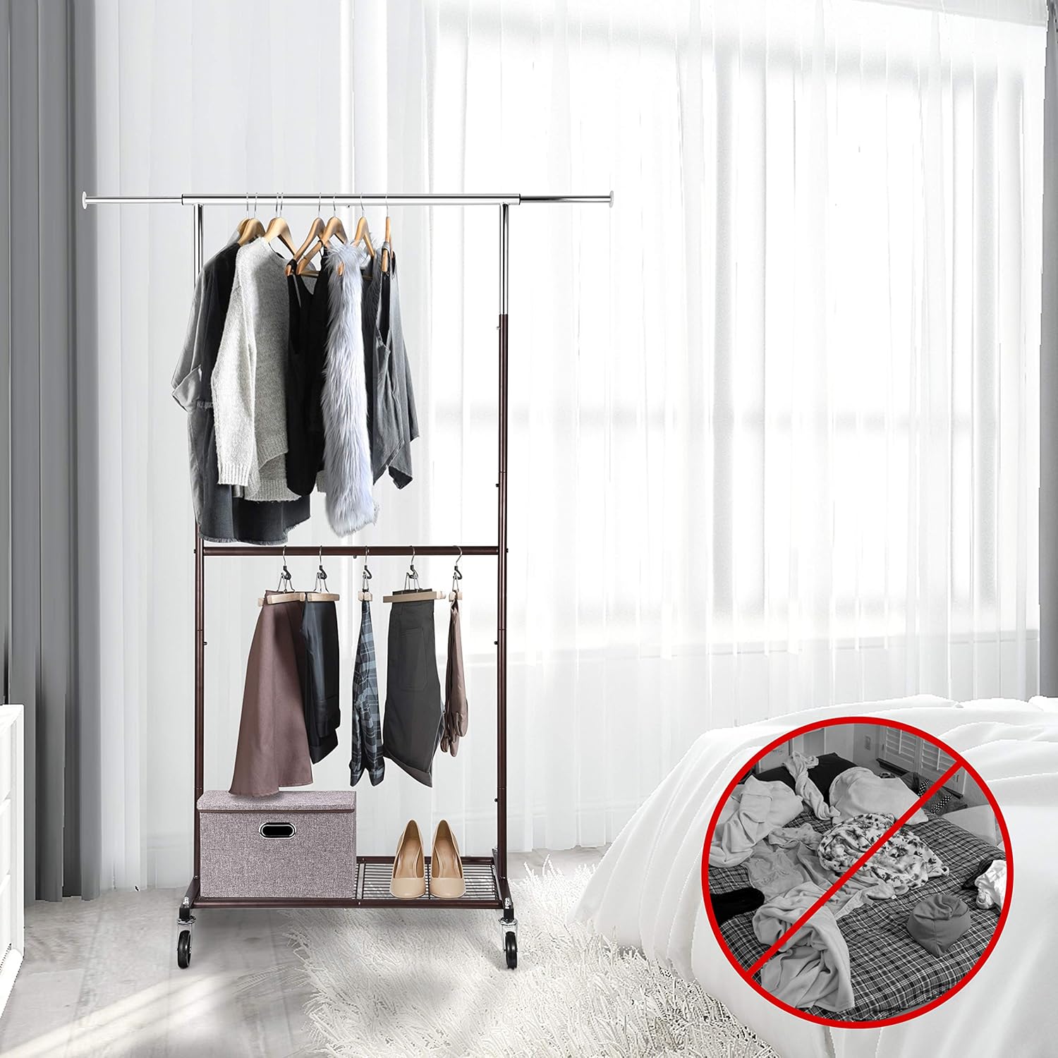 Simple Trending Standard Clothing Garment Rack, Rolling Clothes Organizer with Wheels and Bottom Shelves, Extendable, Bronze: Home & Kitchen