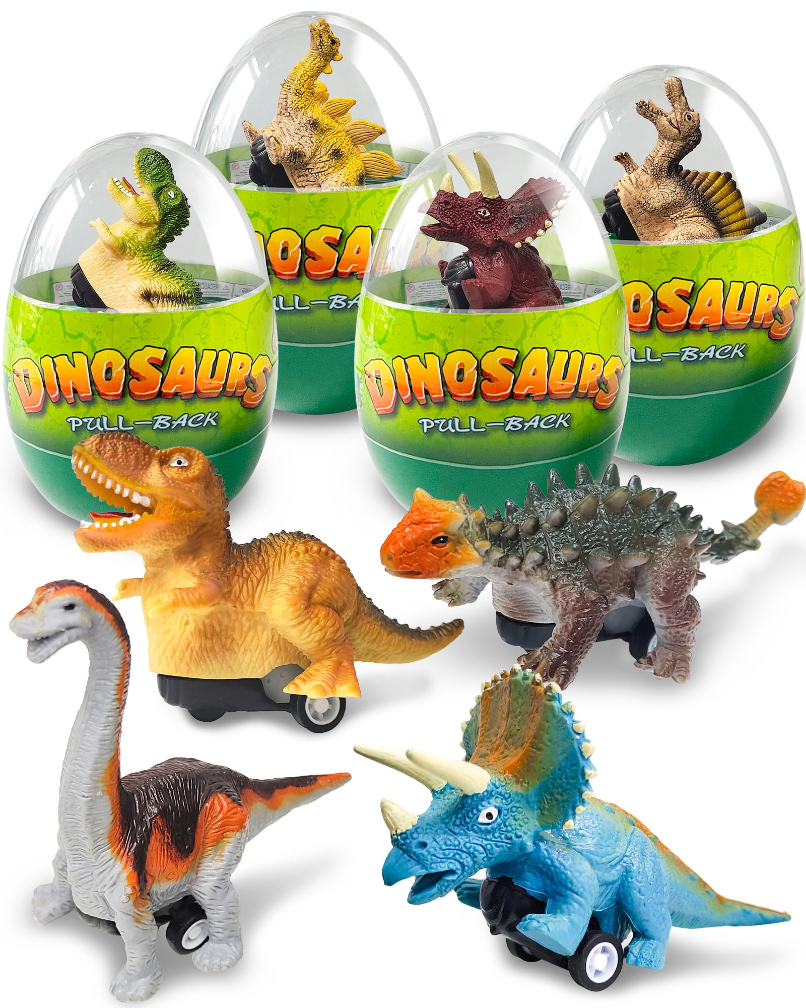 Tonberless 4 Pack Dinosaur Pull Back Cars, Toddler Easter Basket Stuffers Gifts Party Favors, Prefilled Easter Eggs Fillers with Toys Inside Filled for Kids Teens Boys Girls