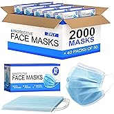 FUYE [Pack of 2000] Blue Disposable Face Masks | Protective 3-Ply Breathable Comfortable Nose/Mouth Coverings for Home & Office | Elastic Ear Loop 3-Layer Safety Shield for Adults/Kids.