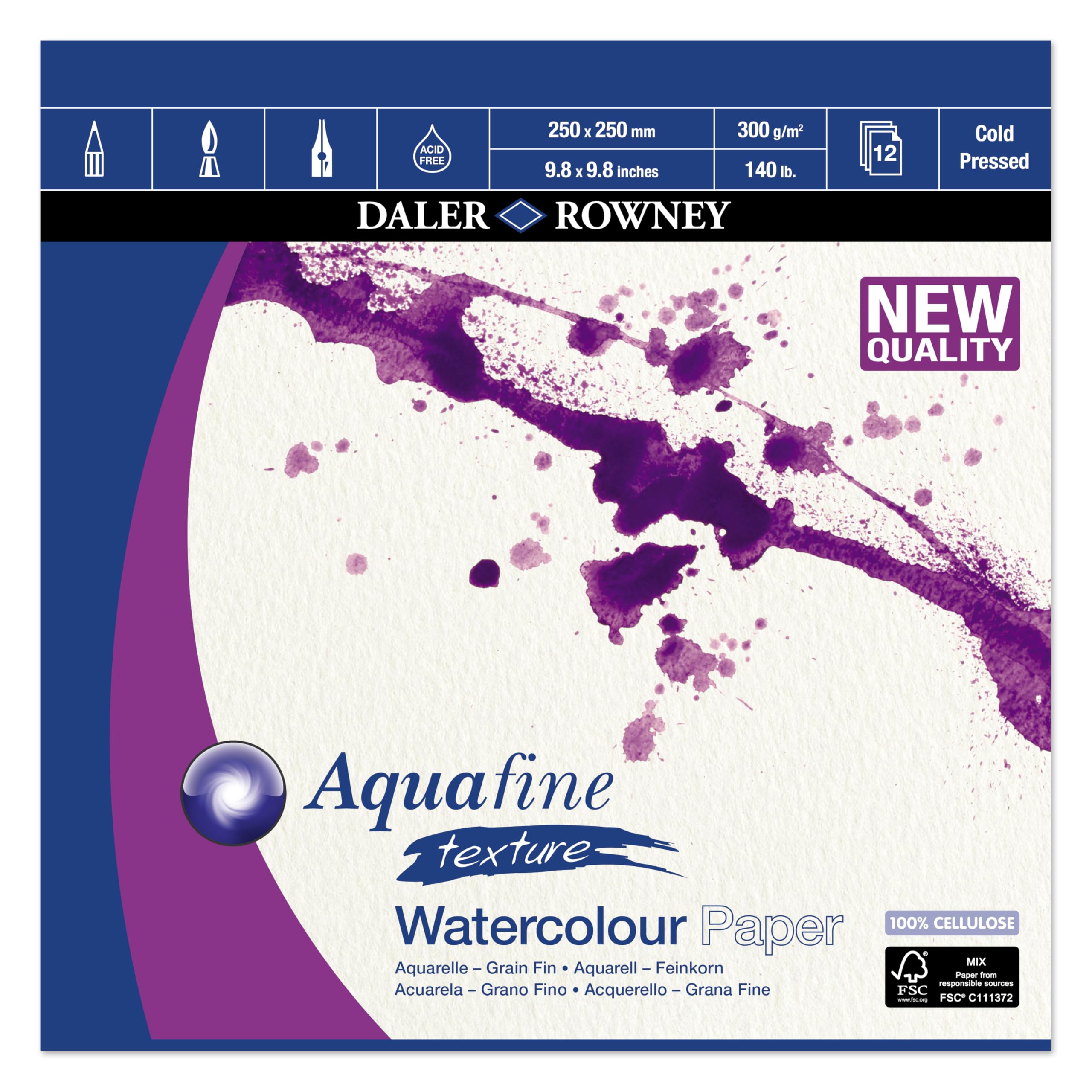 Daler-Rowney Aquafine Textured Cold-Pressed Watercolour & Gouache 300gsm 25 x 25cm Paper Pad, Natural White, Glued 1 Side, 12 Sheets, For Professional & Beginner Artists & Students, Acid-Free