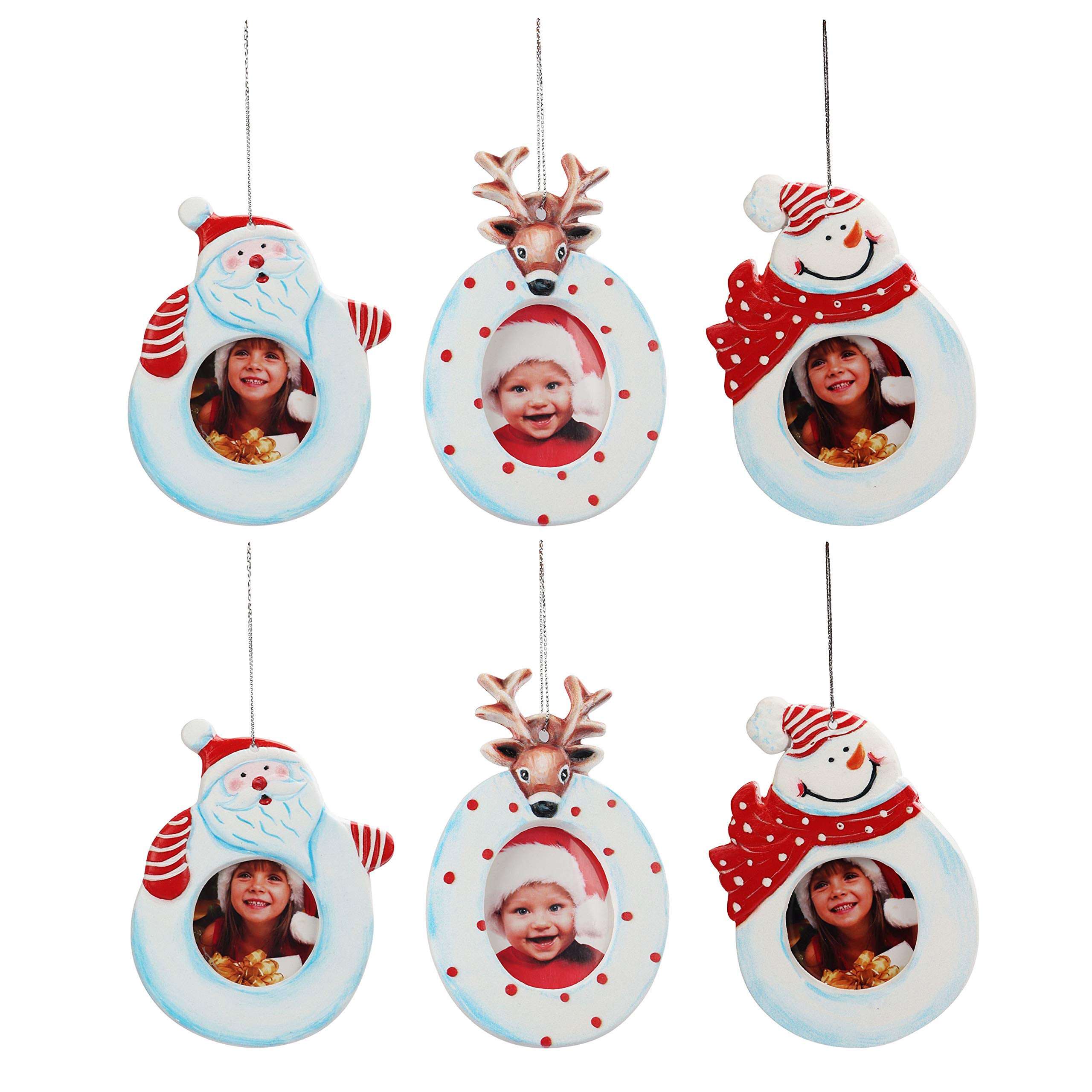 Belle Vous 6 Pack Christmas Photo Frame Ornaments- 6.6x5.6cm Photo Insert Size,3 Designs Gypsum Photo Frame with Thread for Hanging Family Kids & Friends Pictures, Xmas Party Christmas Tree Decoration