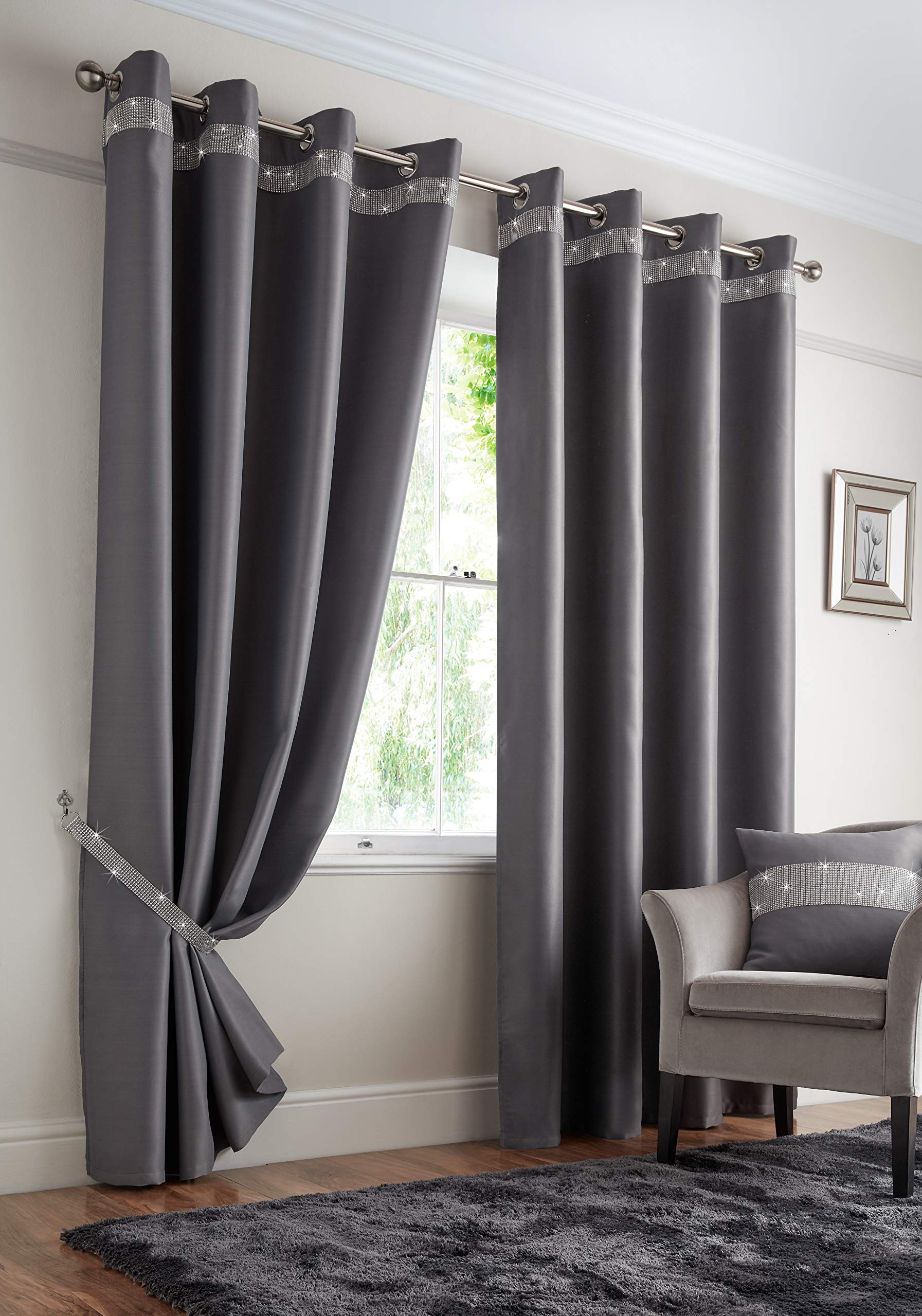 Alan Symonds Diamante Palace Blockout Light Ring/Eyelet Top Curtains (Silver, 90" x 90" (229 x x229cm))