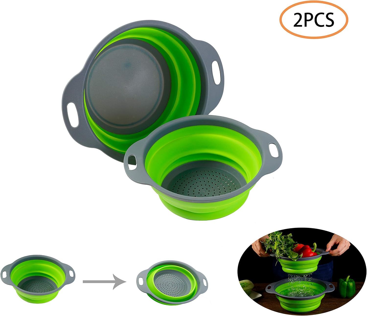 Colosun 2pcs Collapsible Colanders Set,Portable Folding Filter Baskets Bowls Container Rubber Strainer for Kitchen Camping Draining Food Fruit Vegetable