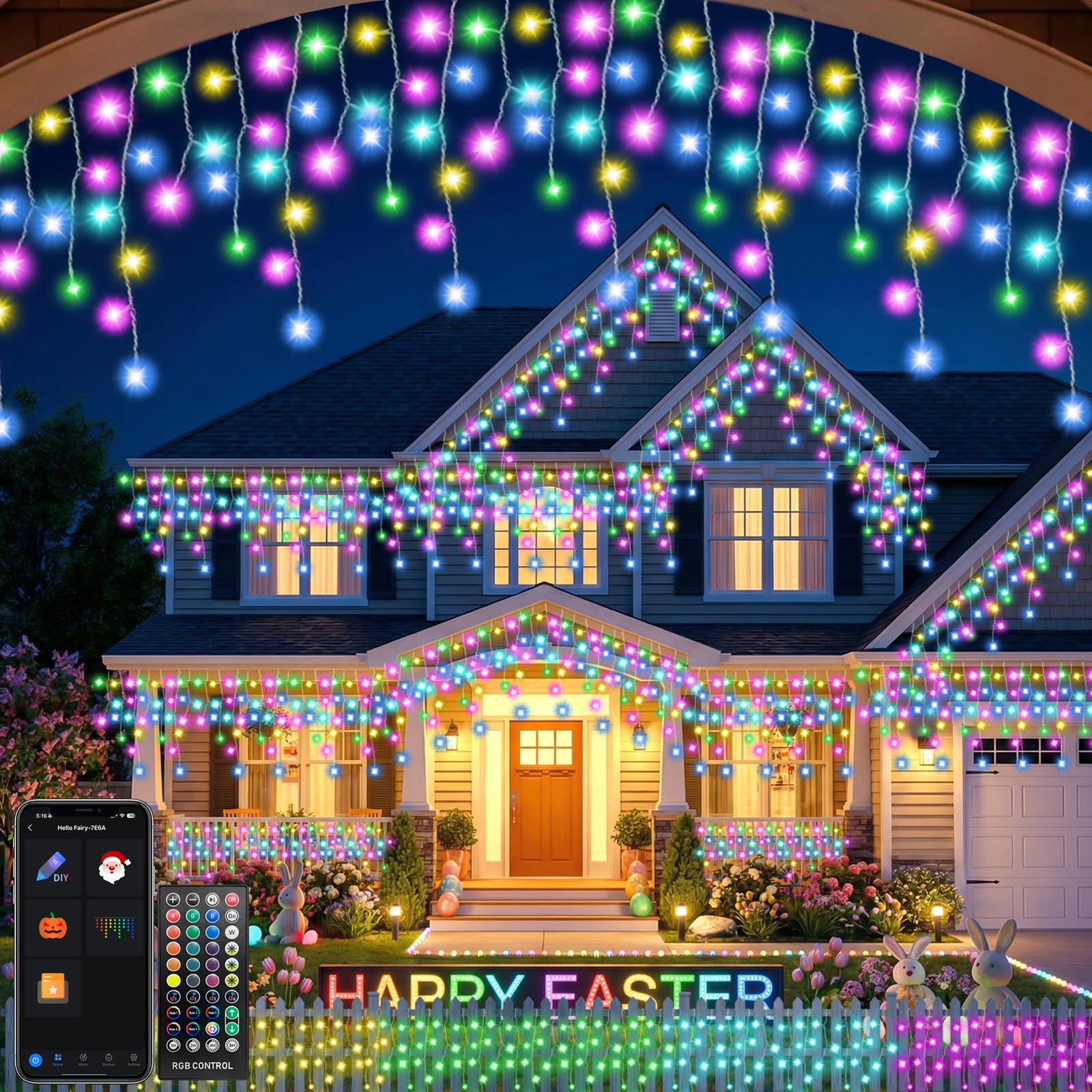 Smart Icicle Outdoor Christmas Lights - 10M 299 LED Customizable LED String Lights with Music Sync, App & Remote Controlled, 16 Million Colors, 58+ Dynamic Modes for House Gutter Roof Xmas Decorations