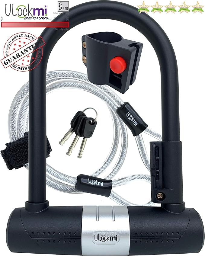 Ulockmi Secure Bike U Lock 16mm D Shackle with Cable, 3 Keys, Mounting Bracket, Heavy Duty