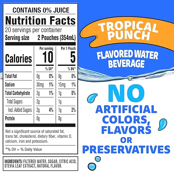 CAPRI SUN ROARIN’ WATERS TROPICAL PUNCH FLAVORED WITH OTHER NATURAL FLAVOR WATER BEVERAGE, 40 CT PACK, 4 BOXES OF 10 DRINK POUCHES
