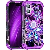 Miqala for iPhone 17 Case,Glow in The Dark Three Layer Heavy Duty Shockproof Protection Hard Plastic Bumper+Soft Silicone Case for iPhone 17,Dark Butterfly