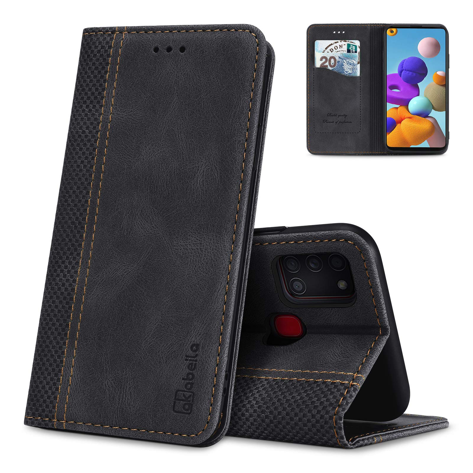 AKABEILA Case for Samsung Galaxy A21S Case Premium PU Leather Flip Wallet Case with Magnetic Closure Kickstand Card Slot Folio Phone Cover Black