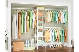 Ulif M1 Closet Storage Organizer System, 6 Tiers Heavy Duty Metal Garment Rack with 3 Expandable Hanger Rods, Wall Mounted Space Saver Suits from 5.4-8.7 ft. Width, 71.2”H x 14”D, 700LBS, White