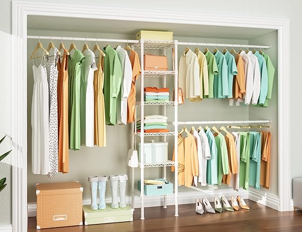 ULIF M1 CLOSET STORAGE ORGANIZER SYSTEM, 6 TIERS HEAVY DUTY METAL GARMENT RACK WITH 3 EXPANDABLE HANGER RODS, WALL MOUNTED SPACE SAVER SUITS FROM 5.4-8.7 FT. WIDTH, 71.2”H X 14”D, 700LBS, WHITE