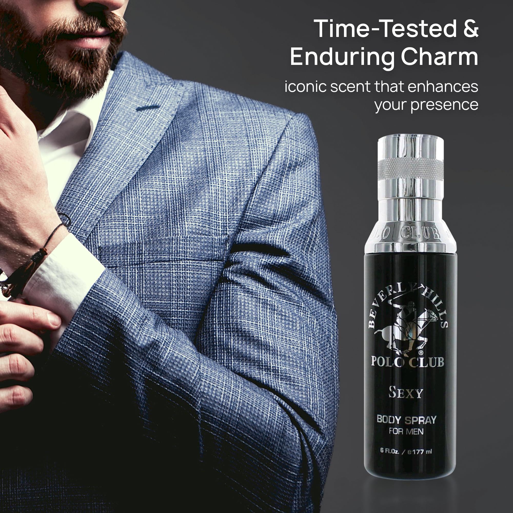 Beverly Hills Polo Club Body Spray for Men - BHPC Sexy for Men - Oriental, Woody, Fresh & Masculine Scent - Long Lasting Cologne Body Mist - Ideal Gift for Him, 6oz