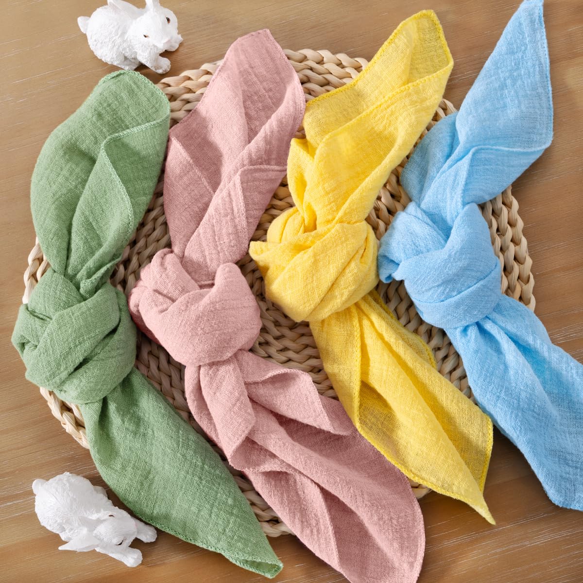 Photo 1 of DeZerlor Easter Cloth Napkins Set of 12 Mixed Color Boho Gauze Napkins Cloth Washable Decorative Cotton Napkins 16.5X 16.5 Inches for Wedding Baby Shower Bridal Shower Dinner Tea Party Decorations