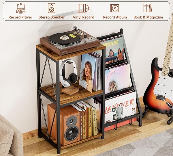 Y&M 3-TIER RECORD PLAYER STAND WITH VINYL RECORD STORAGE HOLDS UP TO 200 ALBUMS, TURNTABLE STAND WITH ALBUM STORAGE, RECORD SHELF DISPLAY TABLE FOR CD, END TABLE FOR HOME DECOR BEDROOM LIVING ROOM
