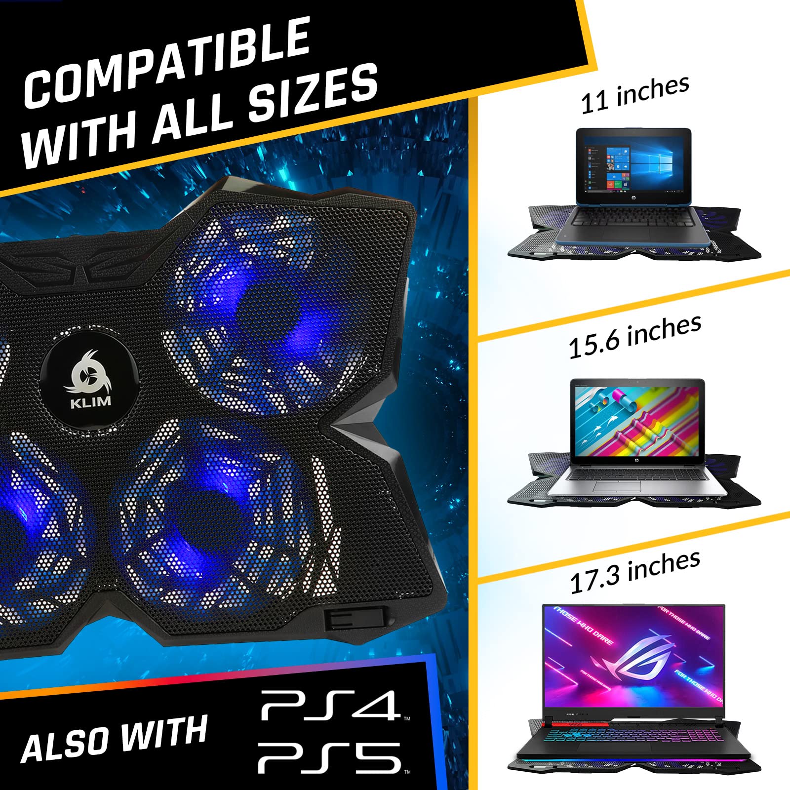 Klim Wind Laptop Cooling Pad - More Than 500 000 Units Sold - New Version - The Most Powerful Rapid Action Cooling Fan - Laptop Stand With 4 Cooling Fans At 1200 Rpm - Usb Fan - Ps5 Ps4 - Blue - View 8