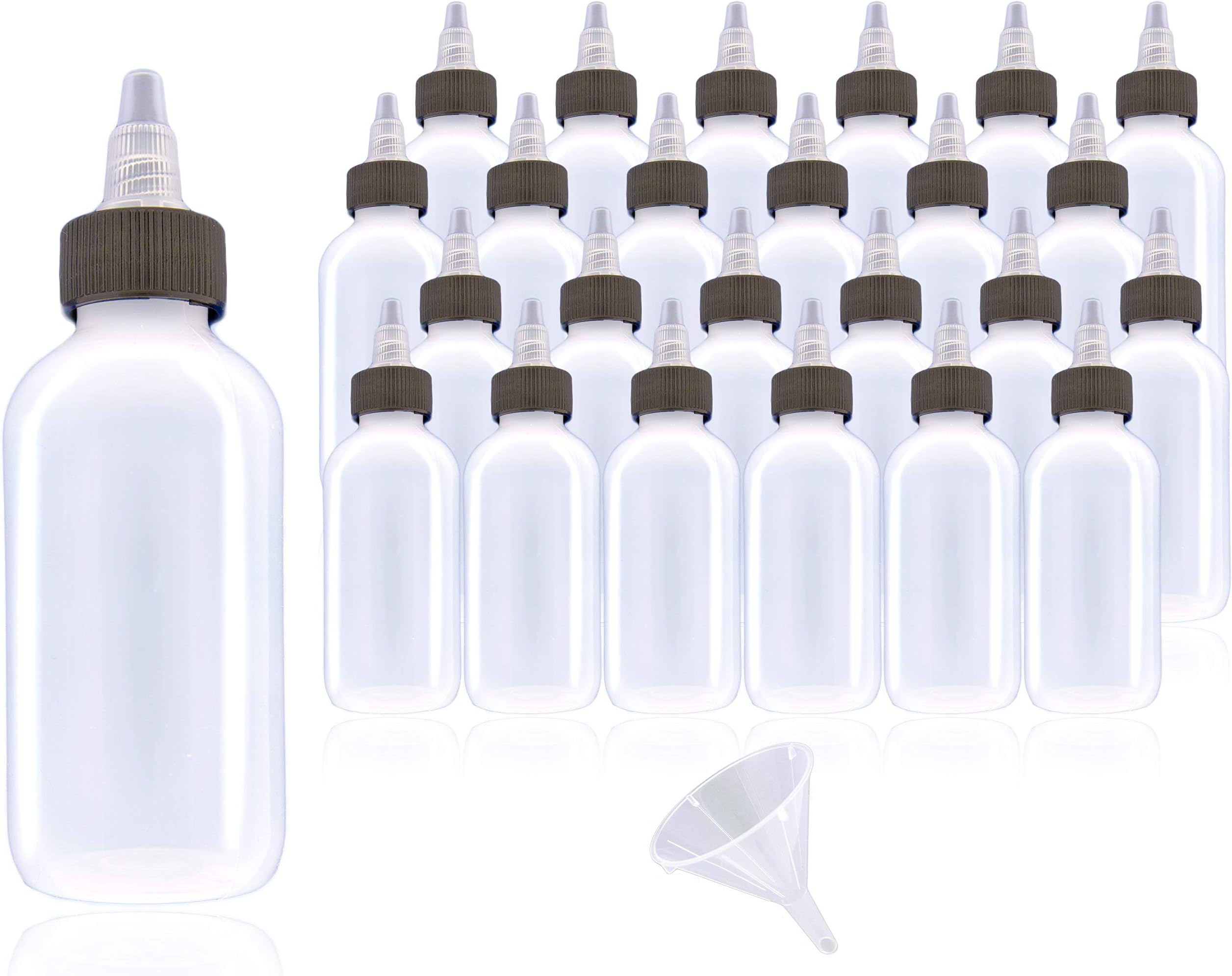 Rollander Clear 4oz Boston Round LDPE Applicator Plastic Bottle Twist Top Cap Including Pour Funnel (25 Pack) 4oz 120ml