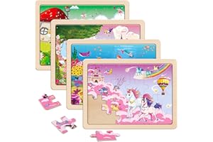 SYNARRY Large Unicorn Mermaid Princess Fairy Wooden Kids Puzzles 4 in 1 Gift Box(12.2 * 9.4 in) - FSC Certified, Wood Puzzles for Kids Ages 4-6, Toys Gifts for 3 4 5 Year Old Toddlers Girls