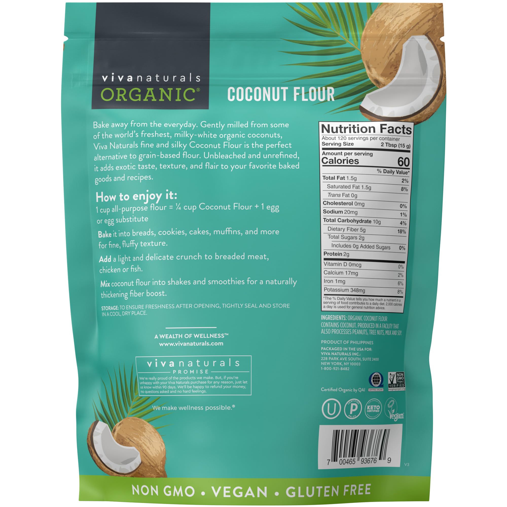 Viva Naturals Organic Coconut Flour (4 lbs) - Gluten Free Flour Substitute for Keto, Paleo and Vegan Baking, Low Fat and Good Source of Fiber Coconut Baking Flour, Non-GMO, Unbleached and Unrefined, 1.81 kg