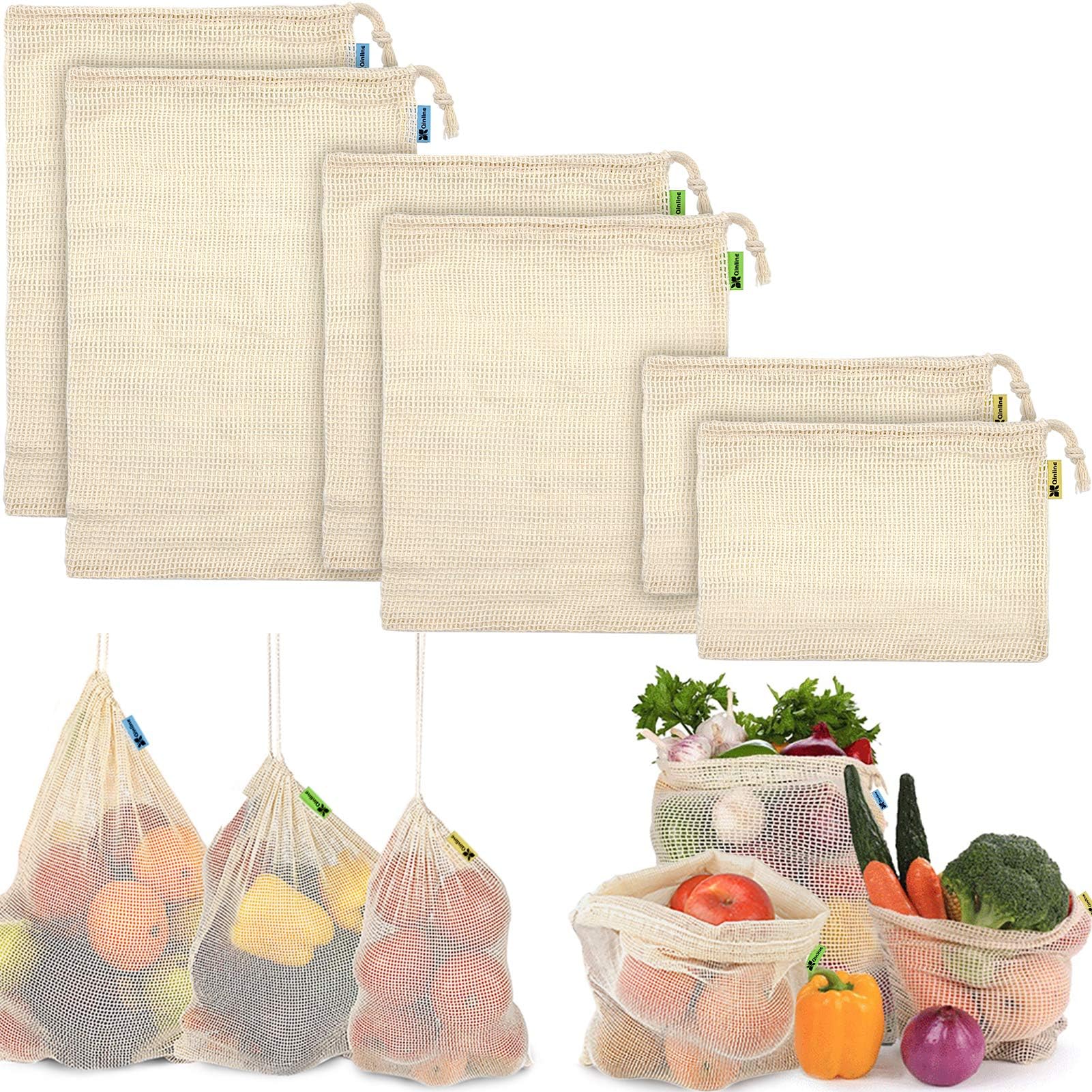 Reusable Produce Bags, Organic Mesh Bags Reusable Grocery Bag with Drawstring for Shopping & Storage, Washable, Durable with Tare Weight on Color Label(6 Pack)