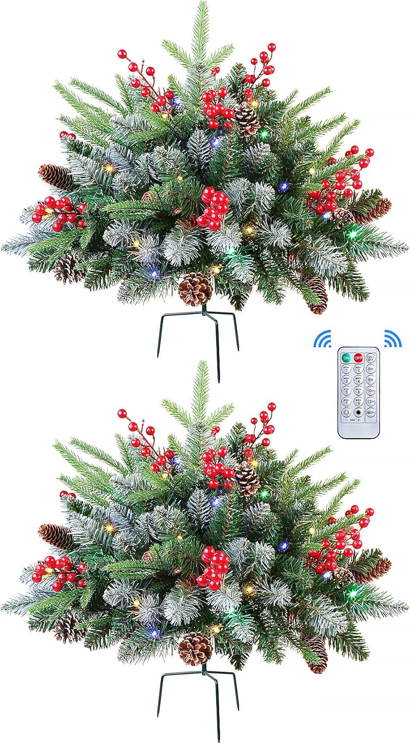 Trees - Alupssuc Set of 2 18 Inch Lighted Outdoor Christmas Tree with Remote, Multi-Color Lights, Battery Operated Pre-lit Pathway Urn Filler, Christmas Porch Decorations for Home, Porch & Yard