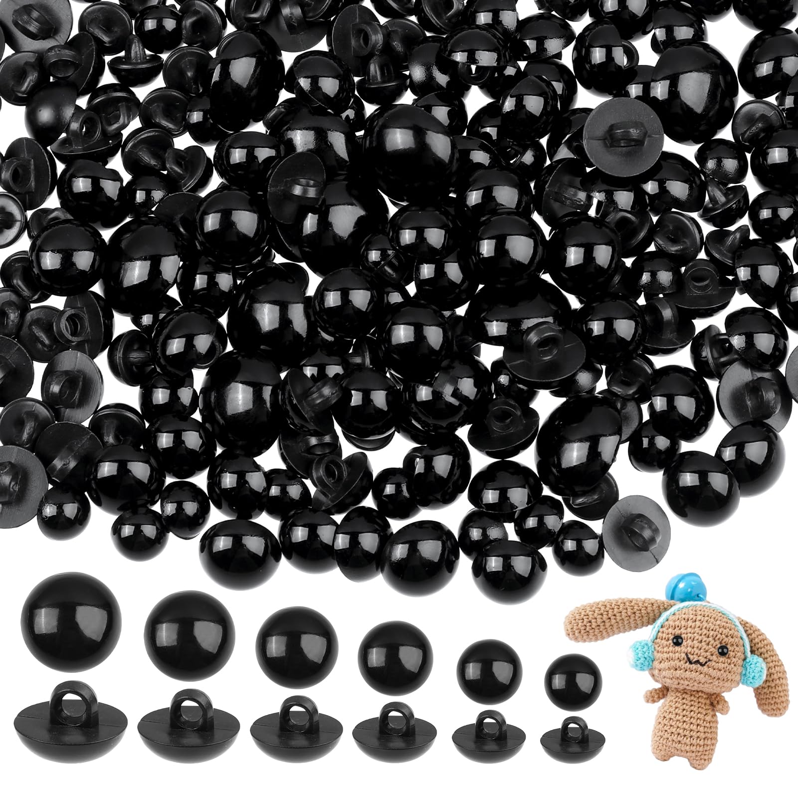 320pcs Sew On Safety Eyes Plastic Mushroom Domed Sewing Crafting Eyes Round Buttons Black 8mm to 15mm Flatback Button Beads for DIY Bear Stuffed Animals Crochet Making
