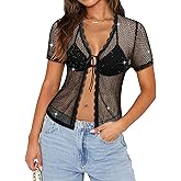 FEMLE Womens Sheer Mesh Tie Front Shrug Top Sexy Short Sleeve See Through Lace Bolero Shrugs Y2K Crop Cover Up