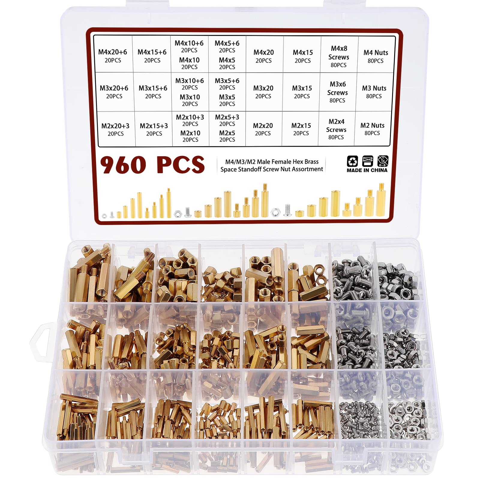 Knpwer 960 Pcs Male Female Hex Brass Spacer Standoff Screw Nut Assortment,M2 M3 M4 Threaded Pillar PCB Motherboard Kit