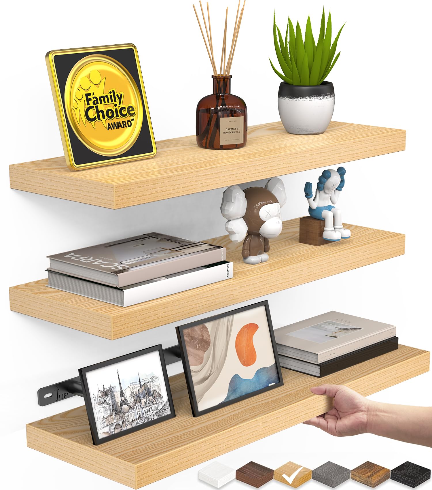 Photo 1 of BAYKA Floating Shelves for Wall, Wall Mounted Rustic Wood Shelves for Bathroom, Bedroom, Living Room, Kitchen,Small Hanging Shelf for Books/Storage/Room Decor (Oak-Toned, Set of 3, 15.7in)