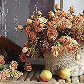 QFSH 5Pcs Vintage Burnt Artificial Rose Flowers Realistic Faux Roses for Home Decor Living Room Dining Table Wedding Bouquets (Amber Rose)