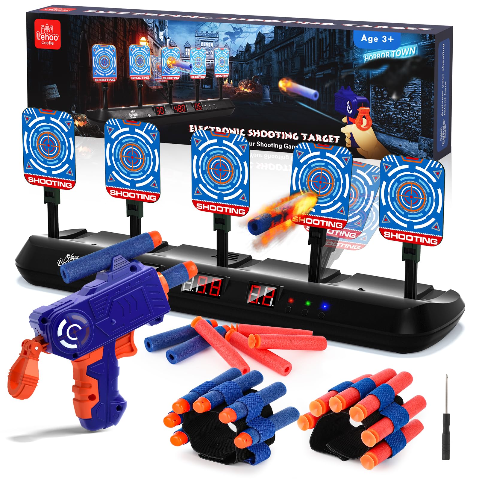 Lehoo Castle Nerf Target, Toys for 6 Year Old Boy, 5 Nerf Shooting Targets, Electronic Digital Auto Nerf Gun Target with Bullets Wrist Band for Boys Girls (Black)