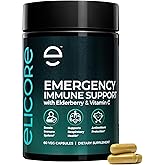 ELICORE Emergency Immune Support Supplement – Vitamin C, E, B6, Zinc, Elderberry, Echinacea, Garlic & Turmeric – Immune Booster for Adults – Gluten Free, Sugar Free, Vegan Friendly – 60 Capsules