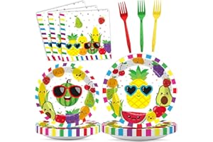 OBUSATT 96Pcs Tutti Frutti Party Supplies Fruit Theme Birthday Paper Plates Napkins Summer Fruit Party Decorations Watermelon Pineapple Dinnerware Favor Birthday Tableware Serves 24