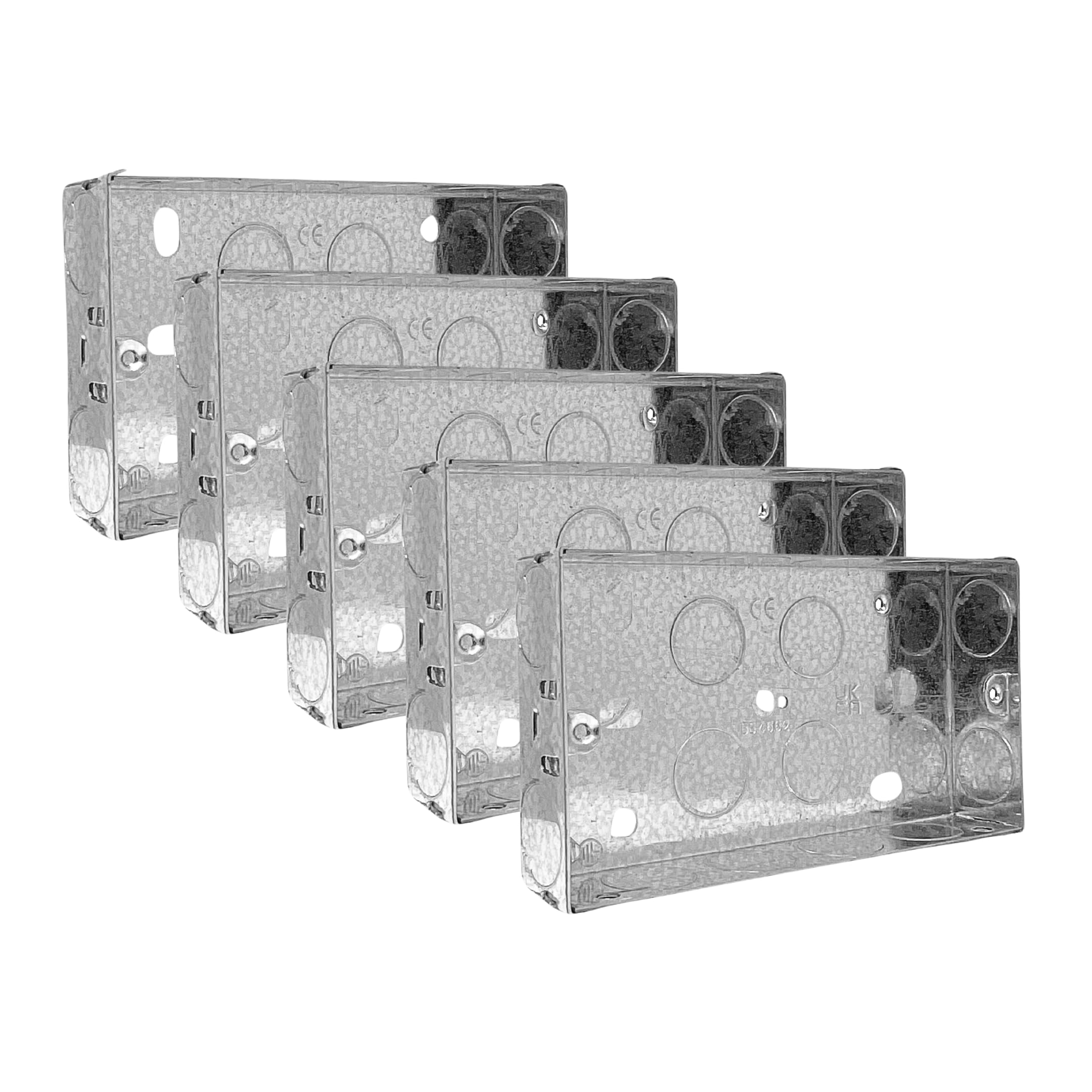 Evoges Double Metal Back Box, 25mm, 2 Gang, 1.0mm Thickness for Electrical Sockets Switches, BS4662 Standard, 20mm Knockouts, Adjustable Lug, Brass Terminal (5)