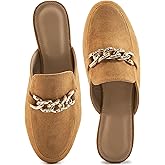Ecetana Women Mules Flats Shoes Comfortable Closed Toe Slip on Suede Buckle Slides Business Casual Dress Backless Loafers