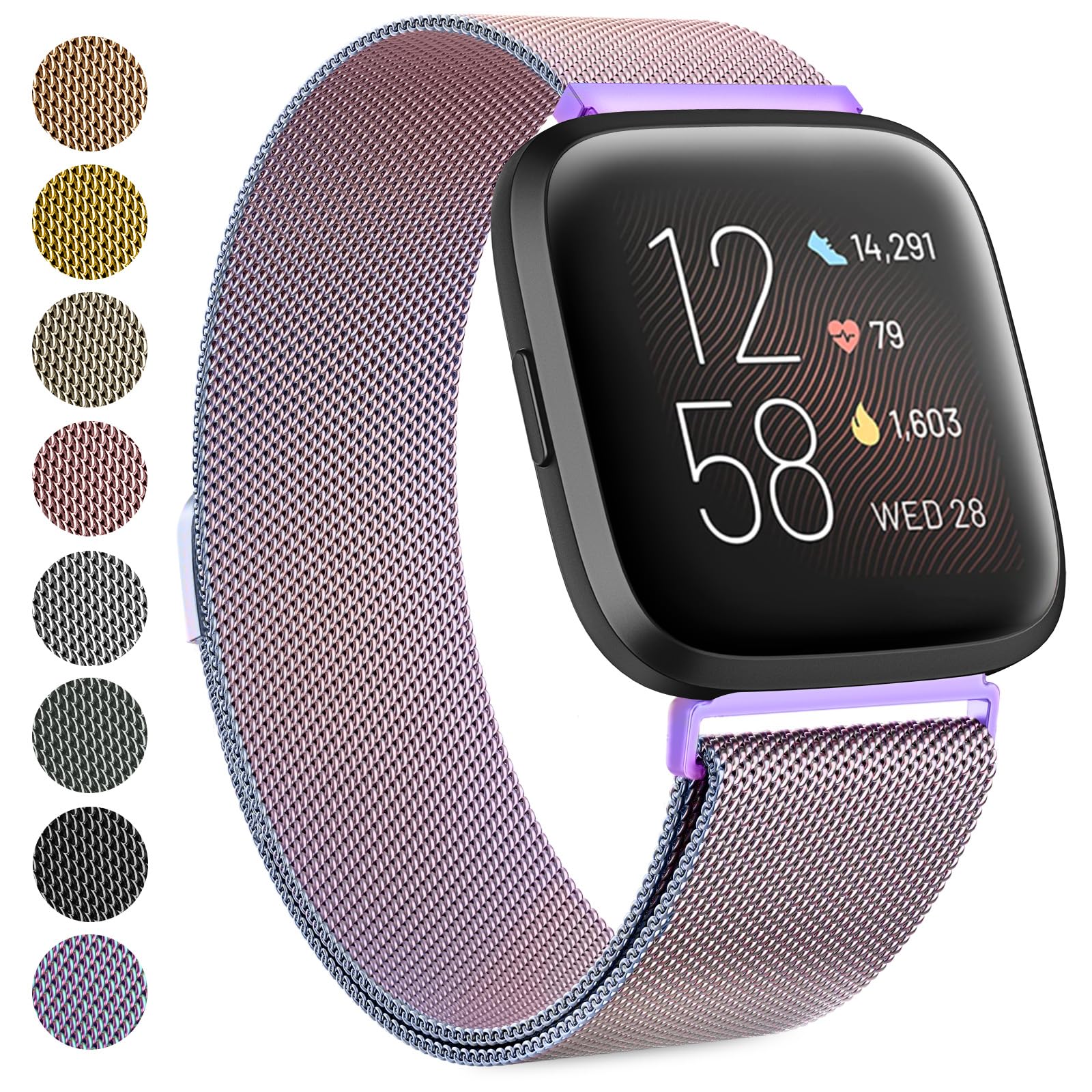 Fitbit Versa Strap/Fitbit Versa 2 Straps for Women Men, Breathable Stainless Steel Mesh Loop Adjustable Wristband Replacement Metal Strap (Colourful, Small) — image 1