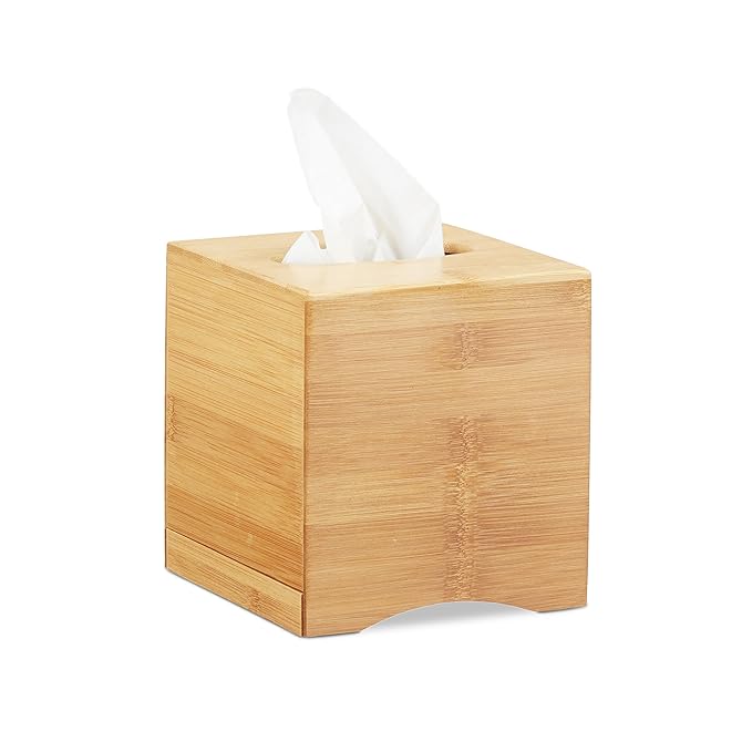 Relaxdays Kosmetiktücherbox quadratisch, Taschentuchbox Holz, Kosmetikbox Bambus, HxBxT: 15,5 x 14,5 x 14,5 cm, natur