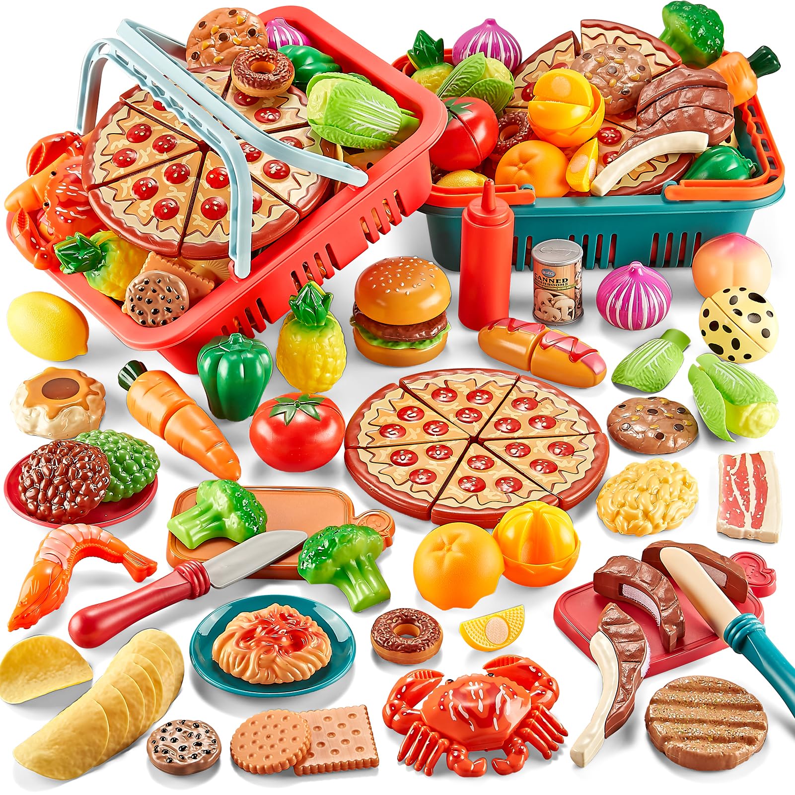 Photo 1 of Comirth Play Food Sets for Kids Kitchen-80PC Pretend Food with 2 Kids Picnic Basket, Toy Food with Pizza Toy, Plastic Food Cutting Toys, Play Kitchen Accessories - Fake Food, Boys Girls Toddlers Gifts