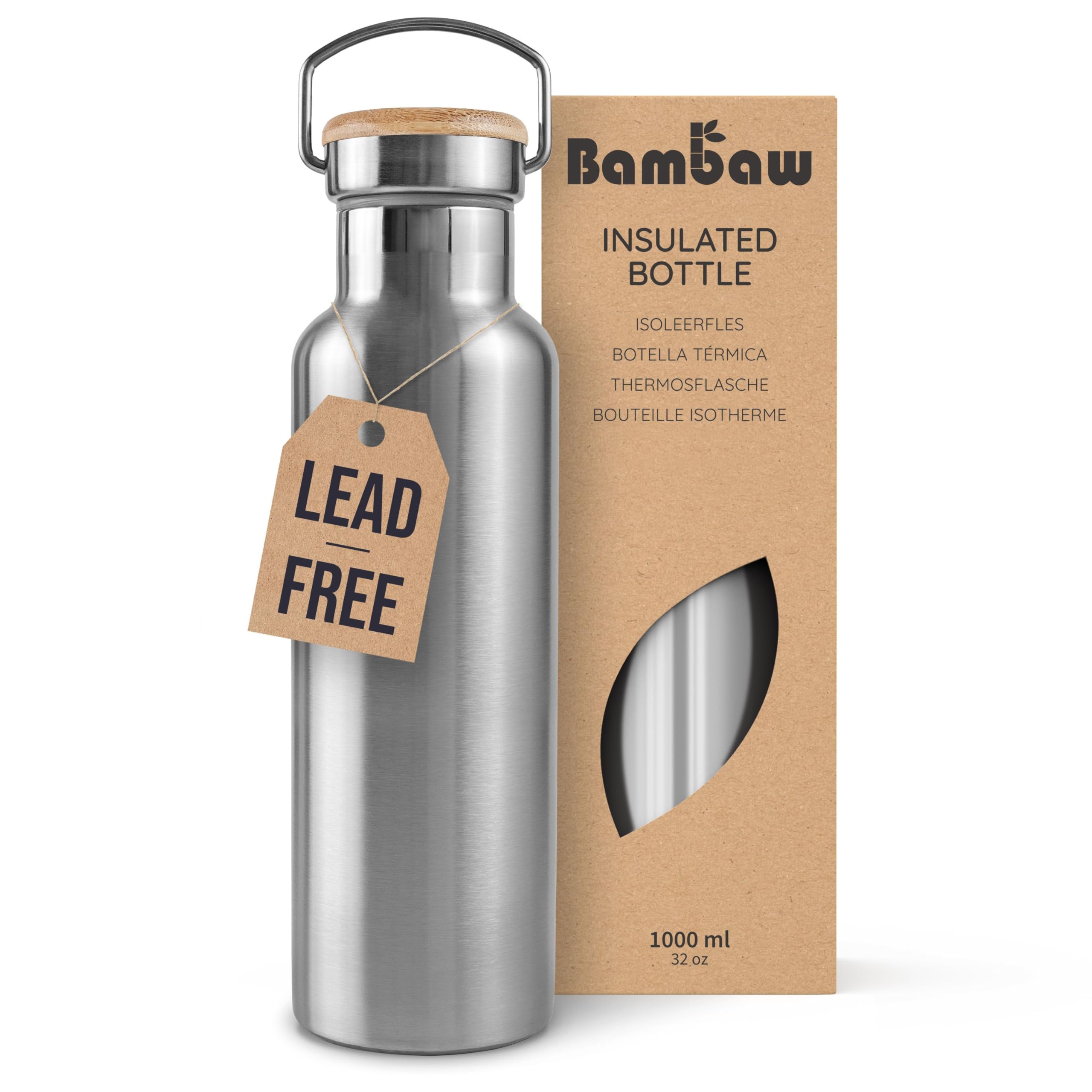 Bambaw Insulated Stainless Steel Water Bottle 1l for Hot & Cold Drinks, 1ltr Insulated Water Bottle Metal, Wide Mouth Fits Tea Infuser, Lightweight & Easy to Carry for School or Gym (Natural Steel)