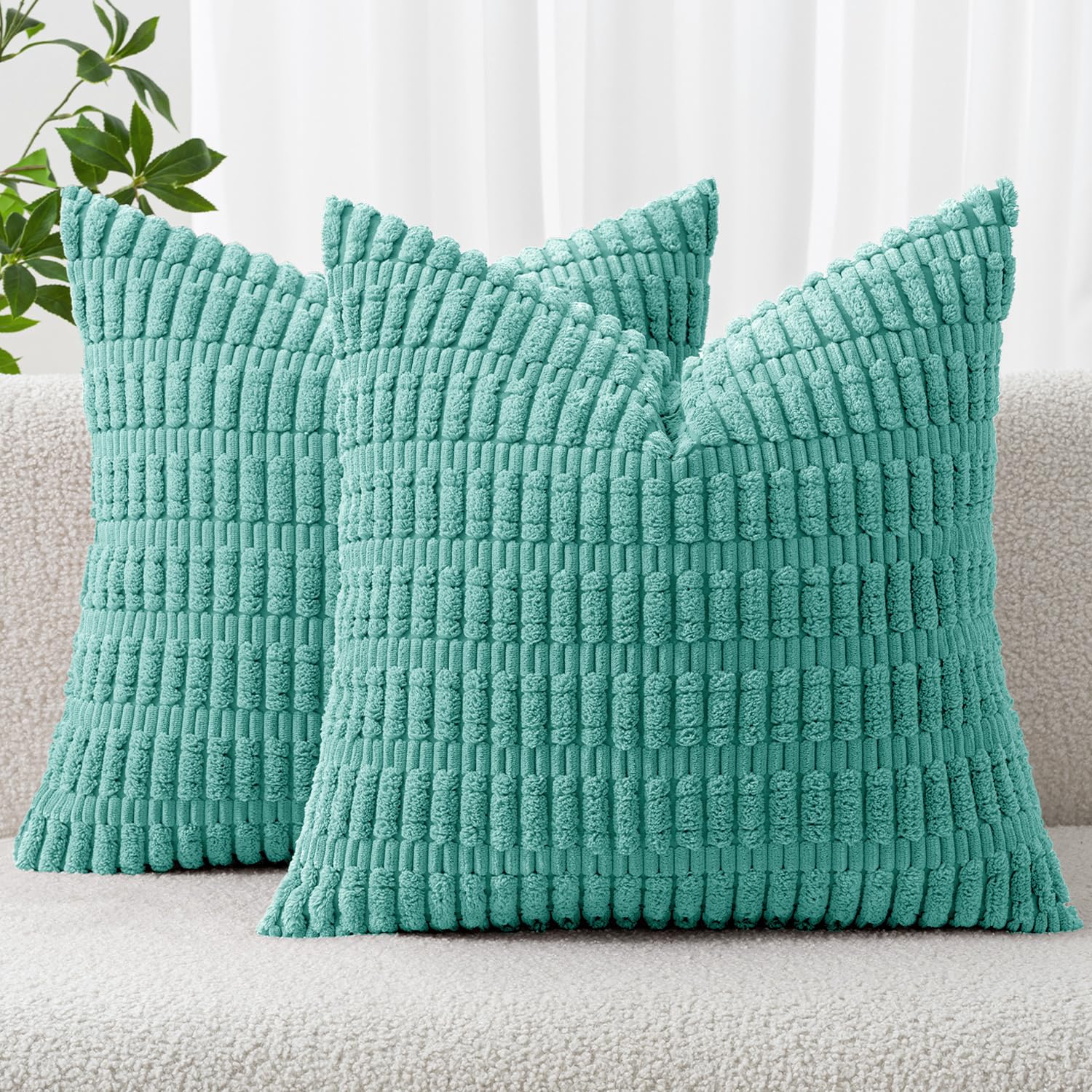 Photo 1 of MIULEE Pack of 2 Corduroy Decorative Throw Pillow Covers 18x18 Inch Soft Boho Striped Pillow Covers Modern Farmhouse Home Decor for Summer Sofa Living Room Couch Bed Aqua Green